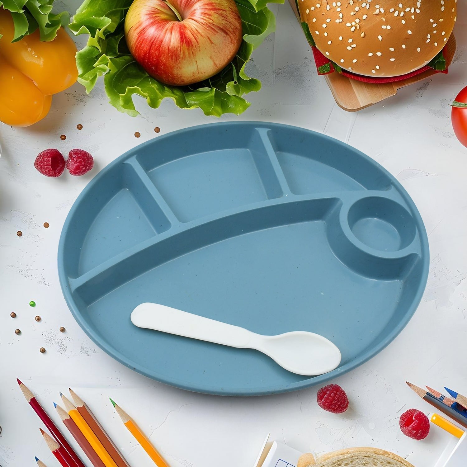 Plastic Food Plates / Biodegradable 5 Compartment Plate With Spoon for Food Snacks / Nuts / Desserts Plates for Kids, Reusable Plates for Outdoor, Camping, BPA-free (1 Pc) Plastic Food Plates / Biodegradable 5 Compartment Plate With Spoon for Food Snacks / Nuts / Desserts Plates for Kids, Reusable Plates for Outdoor, Camping, BPA-free (1 Pc)